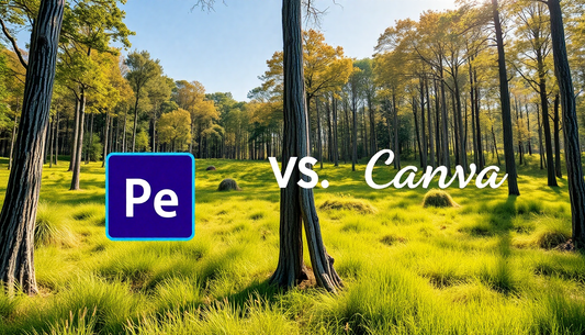 Comparison of Adobe Express vs Canva with a forest backdrop for graphic design projects