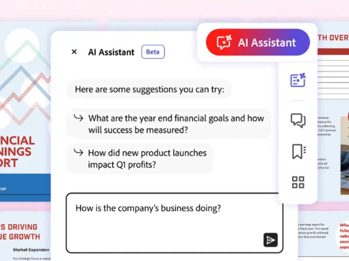 Adobe AI assistant for Acrobat displaying business and financial analysis suggestions on screen