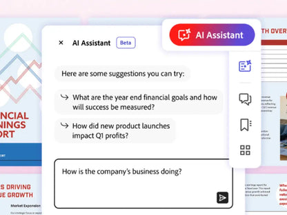 Adobe AI assistant for Acrobat displaying business and financial analysis suggestions on screen