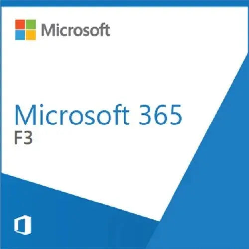 Microsoft 365 F3 subscription software package with Microsoft logo and blue design background